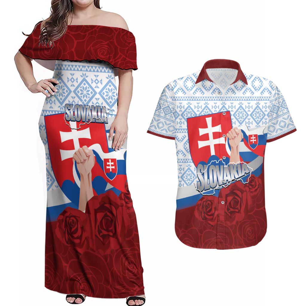 Slovakia Independence Day Couples Matching Off Shoulder Maxi Dress and Hawaiian Shirt Slovak Map With Rosa Slavic Pattern