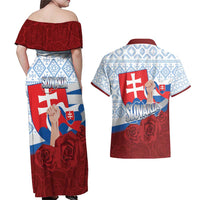 Slovakia Independence Day Couples Matching Off Shoulder Maxi Dress and Hawaiian Shirt Slovak Map With Rosa Slavic Pattern