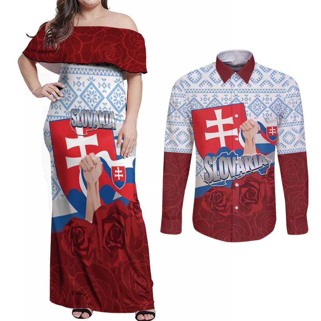 Slovakia Independence Day Couples Matching Off Shoulder Maxi Dress and Long Sleeve Button Shirt Slovak Map With Rosa Slavic Pattern