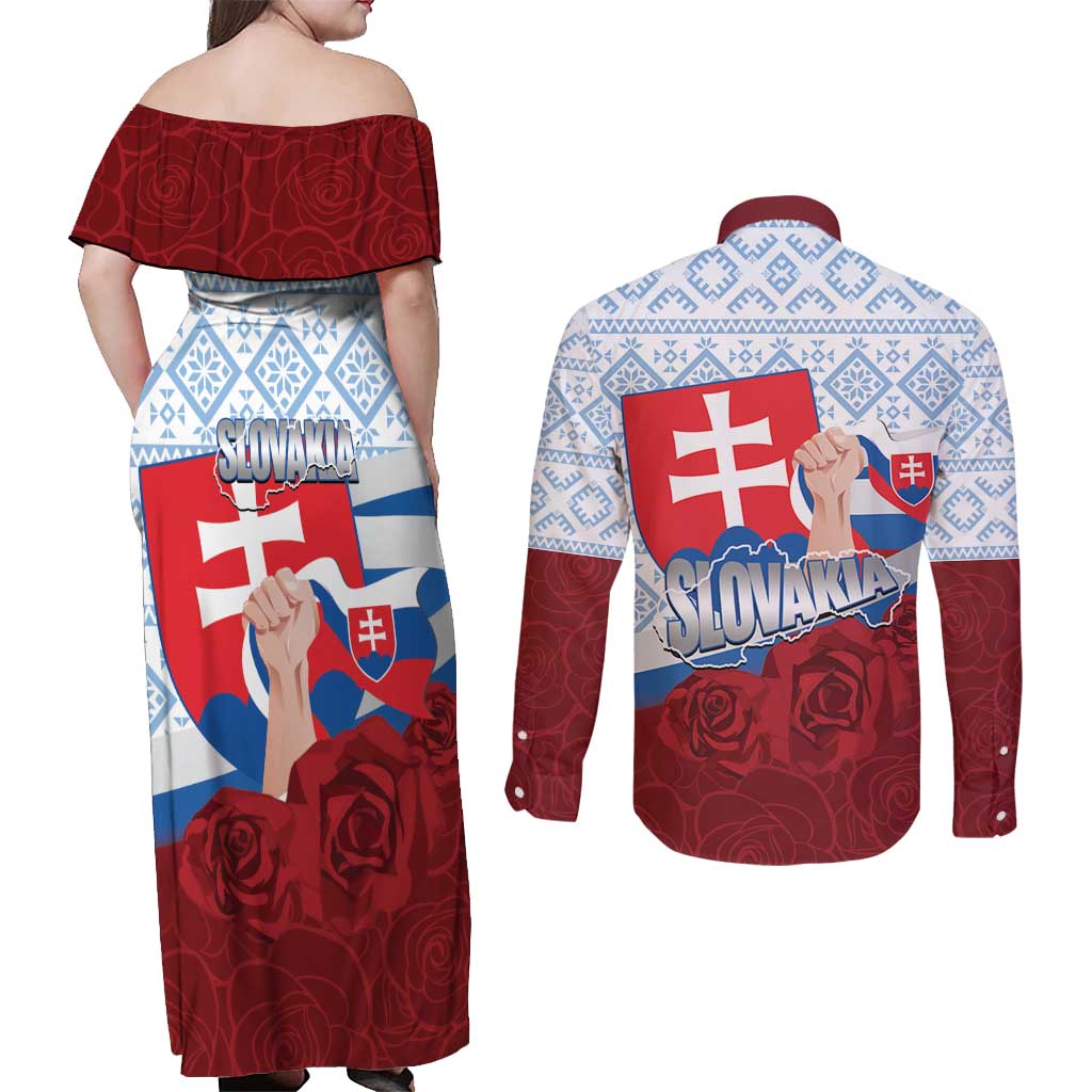 Slovakia Independence Day Couples Matching Off Shoulder Maxi Dress and Long Sleeve Button Shirt Slovak Map With Rosa Slavic Pattern