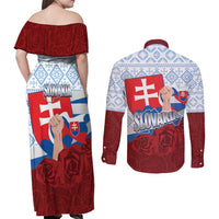 Slovakia Independence Day Couples Matching Off Shoulder Maxi Dress and Long Sleeve Button Shirt Slovak Map With Rosa Slavic Pattern