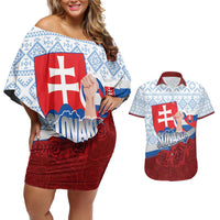 Slovakia Independence Day Couples Matching Off Shoulder Short Dress and Hawaiian Shirt Slovak Map With Rosa Slavic Pattern