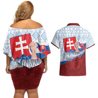 Slovakia Independence Day Couples Matching Off Shoulder Short Dress and Hawaiian Shirt Slovak Map With Rosa Slavic Pattern