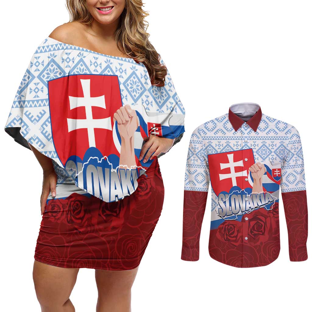 Slovakia Independence Day Couples Matching Off Shoulder Short Dress and Long Sleeve Button Shirt Slovak Map With Rosa Slavic Pattern