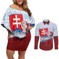 Slovakia Independence Day Couples Matching Off Shoulder Short Dress and Long Sleeve Button Shirt Slovak Map With Rosa Slavic Pattern