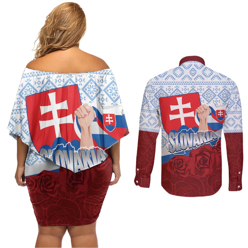 Slovakia Independence Day Couples Matching Off Shoulder Short Dress and Long Sleeve Button Shirt Slovak Map With Rosa Slavic Pattern