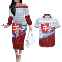 Slovakia Independence Day Couples Matching Off The Shoulder Long Sleeve Dress and Hawaiian Shirt Slovak Map With Rosa Slavic Pattern