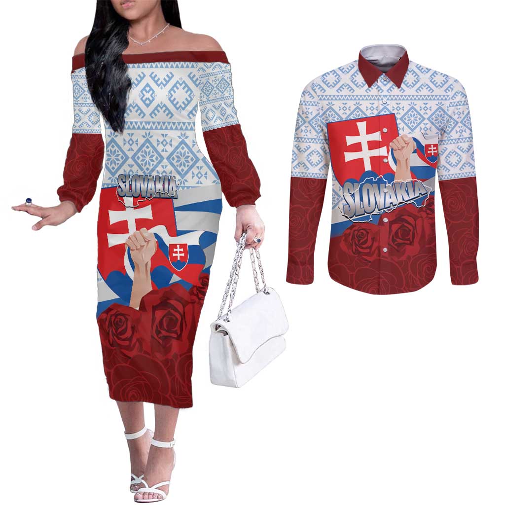 Slovakia Independence Day Couples Matching Off The Shoulder Long Sleeve Dress and Long Sleeve Button Shirt Slovak Map With Rosa Slavic Pattern