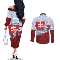 Slovakia Independence Day Couples Matching Off The Shoulder Long Sleeve Dress and Long Sleeve Button Shirt Slovak Map With Rosa Slavic Pattern