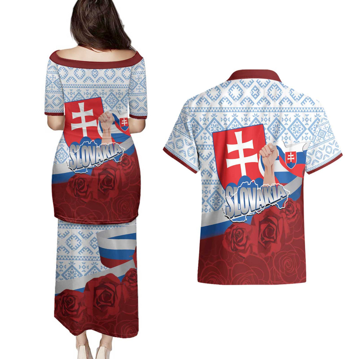 Slovakia Independence Day Couples Matching Puletasi and Hawaiian Shirt Slovak Map With Rosa Slavic Pattern