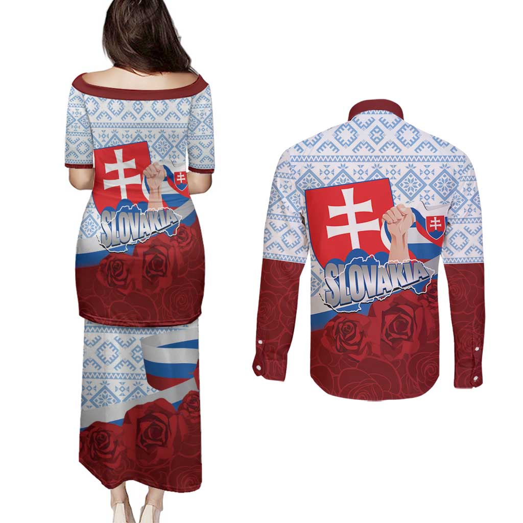 Slovakia Independence Day Couples Matching Puletasi and Long Sleeve Button Shirt Slovak Map With Rosa Slavic Pattern