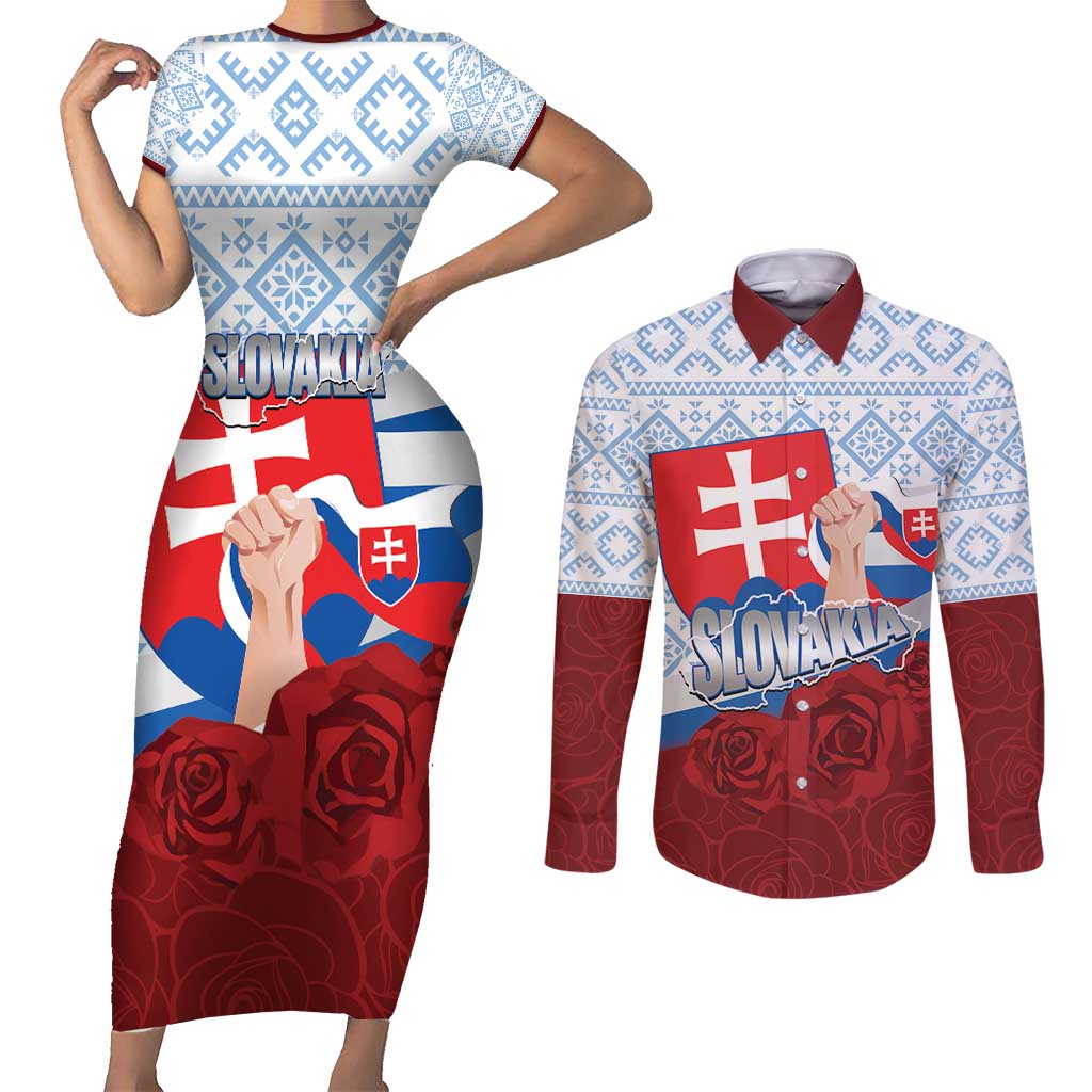Slovakia Independence Day Couples Matching Short Sleeve Bodycon Dress and Long Sleeve Button Shirt Slovak Map With Rosa Slavic Pattern