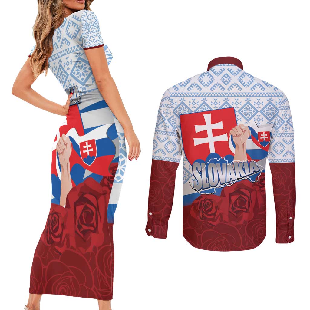 Slovakia Independence Day Couples Matching Short Sleeve Bodycon Dress and Long Sleeve Button Shirt Slovak Map With Rosa Slavic Pattern