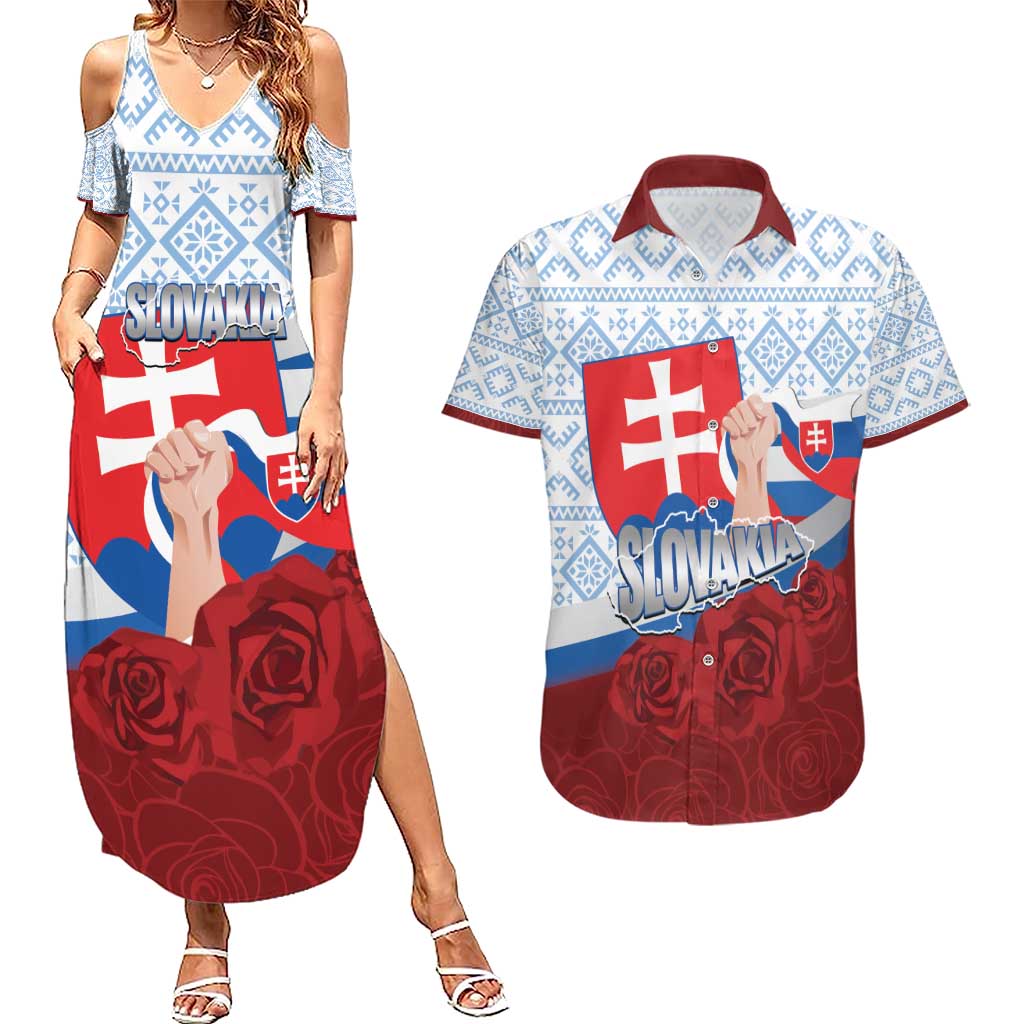 Slovakia Independence Day Couples Matching Summer Maxi Dress and Hawaiian Shirt Slovak Map With Rosa Slavic Pattern
