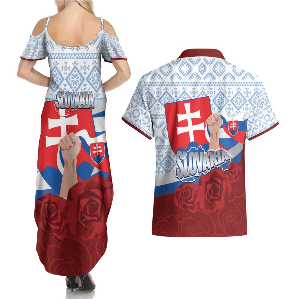 Slovakia Independence Day Couples Matching Summer Maxi Dress and Hawaiian Shirt Slovak Map With Rosa Slavic Pattern