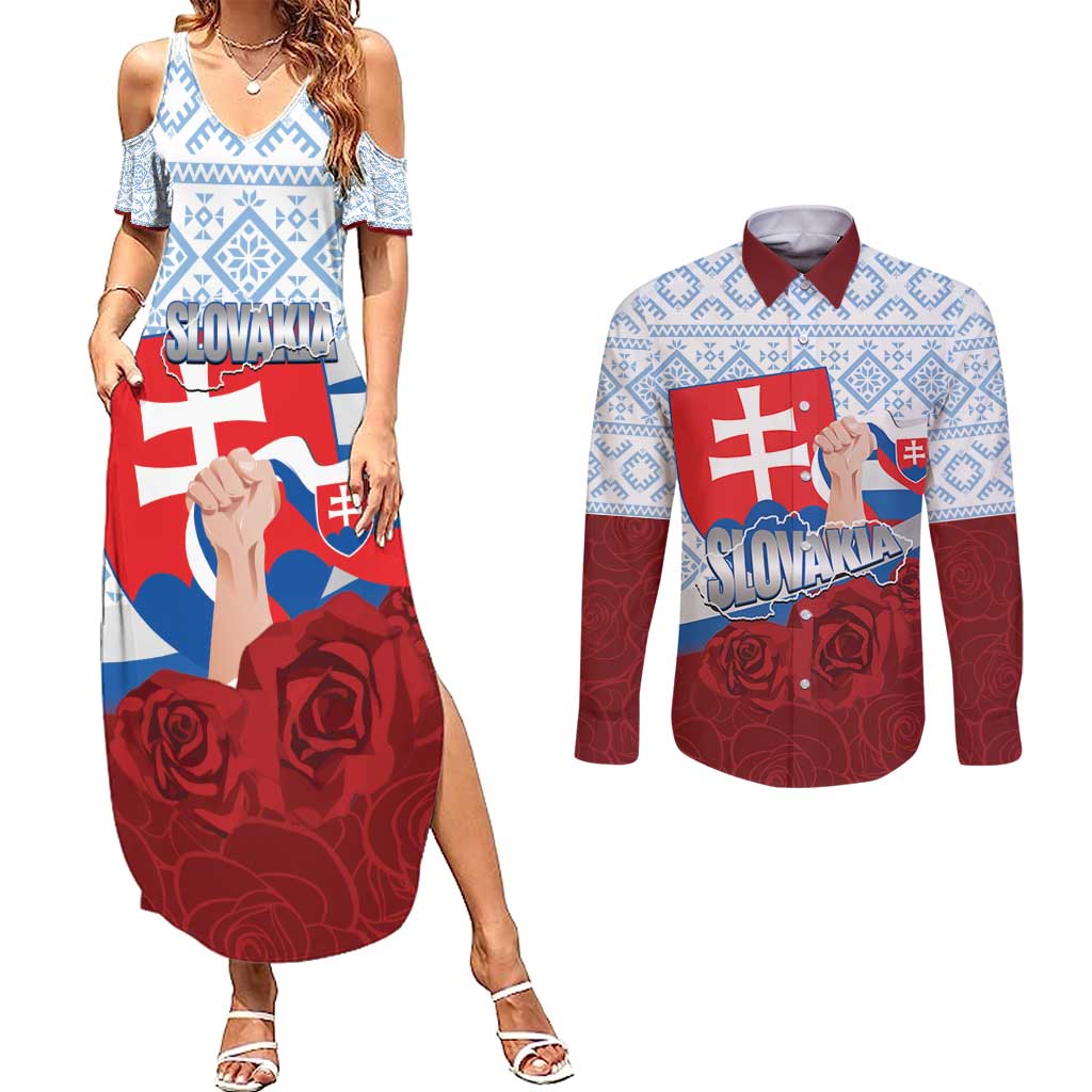 Slovakia Independence Day Couples Matching Summer Maxi Dress and Long Sleeve Button Shirt Slovak Map With Rosa Slavic Pattern