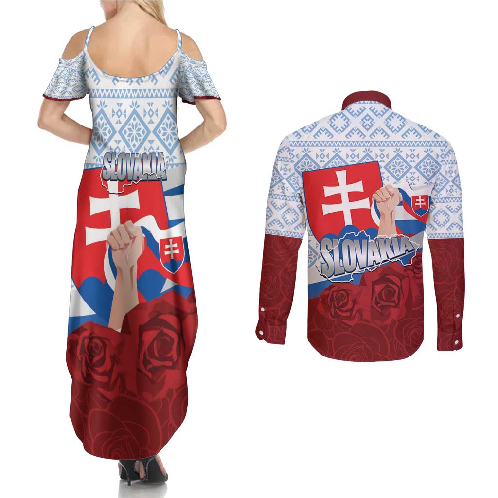 Slovakia Independence Day Couples Matching Summer Maxi Dress and Long Sleeve Button Shirt Slovak Map With Rosa Slavic Pattern