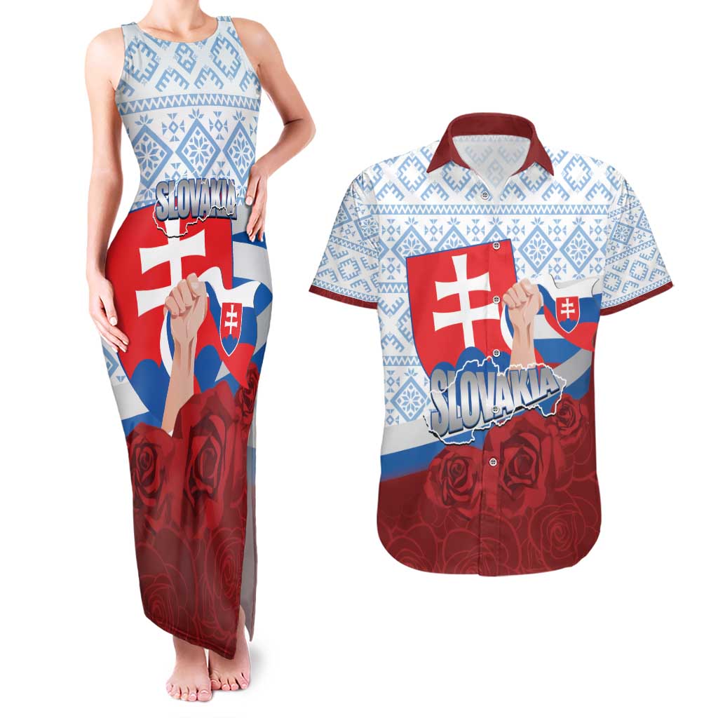Slovakia Independence Day Couples Matching Tank Maxi Dress and Hawaiian Shirt Slovak Map With Rosa Slavic Pattern
