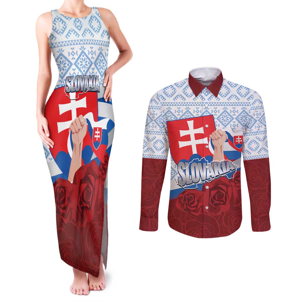 Slovakia Independence Day Couples Matching Tank Maxi Dress and Long Sleeve Button Shirt Slovak Map With Rosa Slavic Pattern