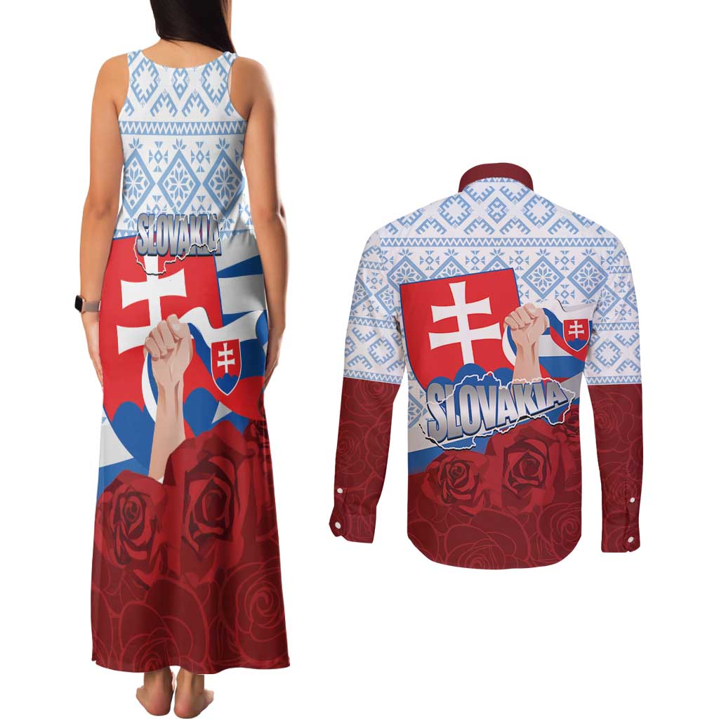 Slovakia Independence Day Couples Matching Tank Maxi Dress and Long Sleeve Button Shirt Slovak Map With Rosa Slavic Pattern