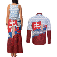 Slovakia Independence Day Couples Matching Tank Maxi Dress and Long Sleeve Button Shirt Slovak Map With Rosa Slavic Pattern