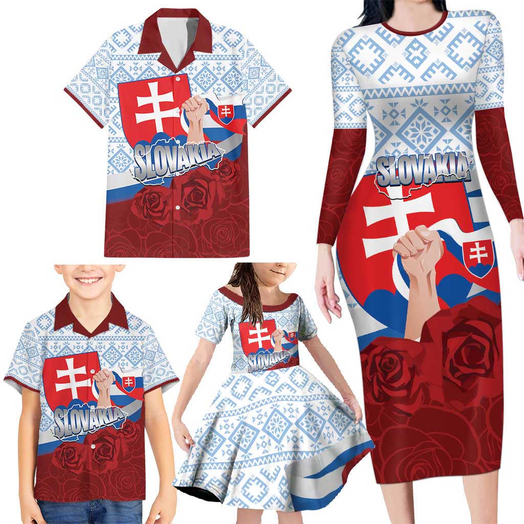 Slovakia Independence Day Family Matching Long Sleeve Bodycon Dress and Hawaiian Shirt Slovak Map With Rosa Slavic Pattern