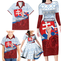 Slovakia Independence Day Family Matching Long Sleeve Bodycon Dress and Hawaiian Shirt Slovak Map With Rosa Slavic Pattern