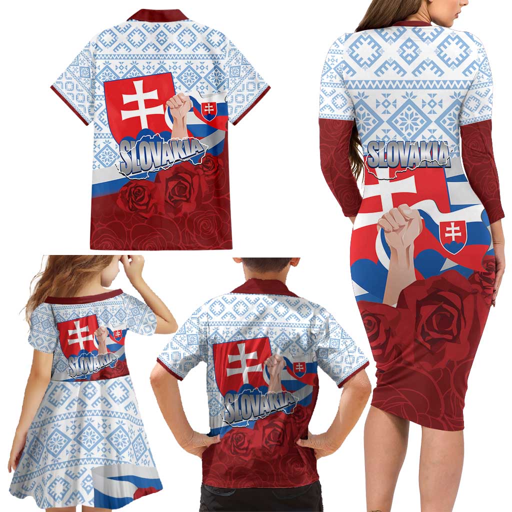 Slovakia Independence Day Family Matching Long Sleeve Bodycon Dress and Hawaiian Shirt Slovak Map With Rosa Slavic Pattern