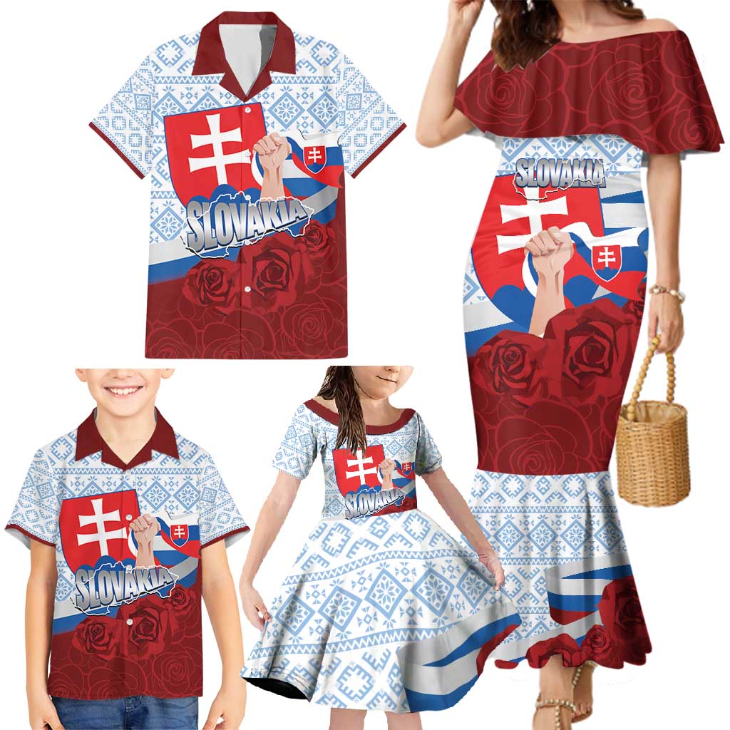 Slovakia Independence Day Family Matching Mermaid Dress and Hawaiian Shirt Slovak Map With Rosa Slavic Pattern
