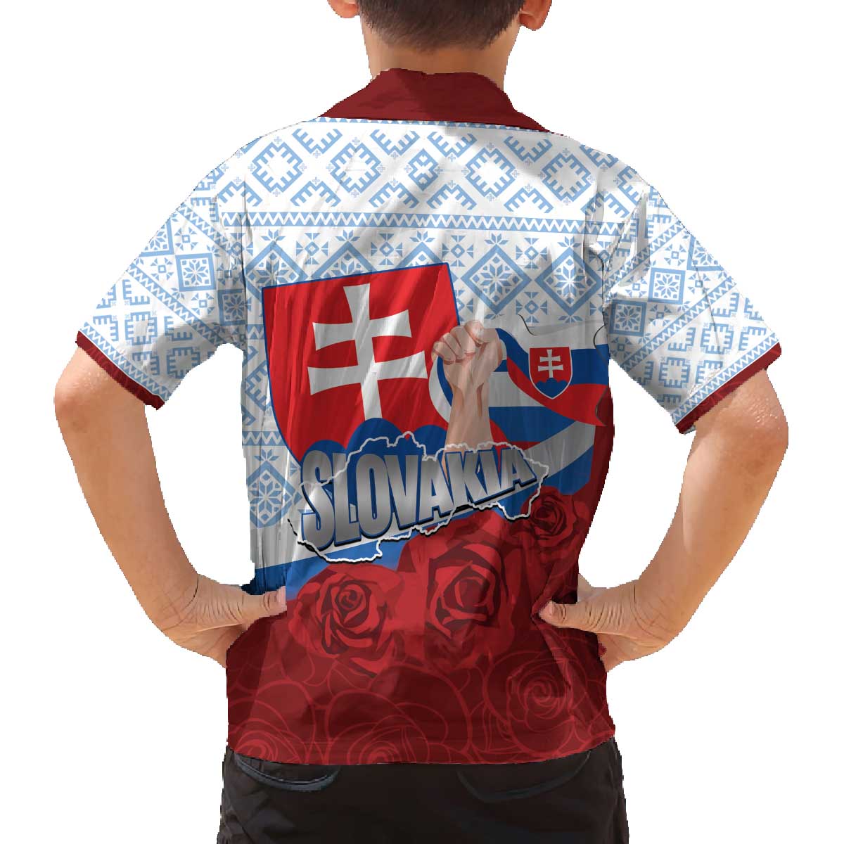 Slovakia Independence Day Family Matching Off The Shoulder Long Sleeve Dress and Hawaiian Shirt Slovak Map With Rosa Slavic Pattern
