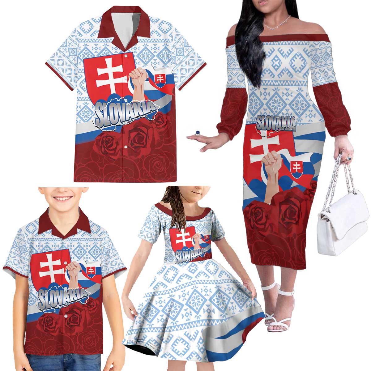 Slovakia Independence Day Family Matching Off The Shoulder Long Sleeve Dress and Hawaiian Shirt Slovak Map With Rosa Slavic Pattern