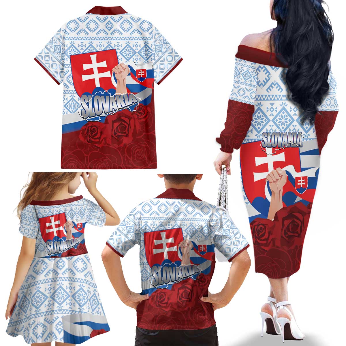 Slovakia Independence Day Family Matching Off The Shoulder Long Sleeve Dress and Hawaiian Shirt Slovak Map With Rosa Slavic Pattern