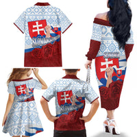 Slovakia Independence Day Family Matching Off The Shoulder Long Sleeve Dress and Hawaiian Shirt Slovak Map With Rosa Slavic Pattern