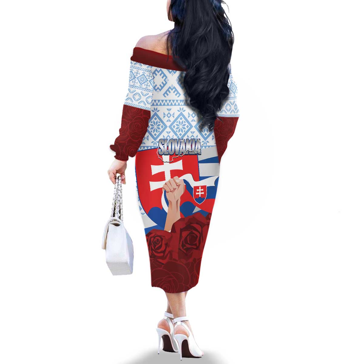 Slovakia Independence Day Family Matching Off The Shoulder Long Sleeve Dress and Hawaiian Shirt Slovak Map With Rosa Slavic Pattern