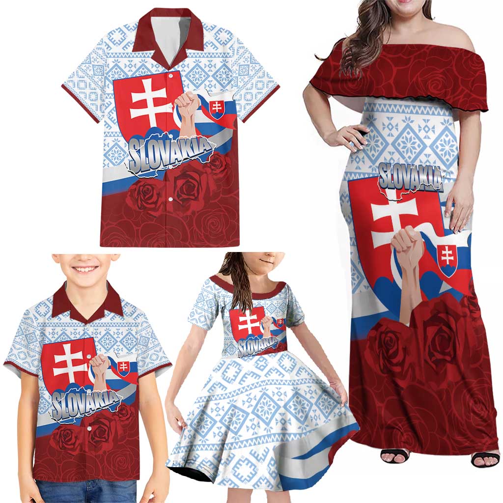 Slovakia Independence Day Family Matching Off Shoulder Maxi Dress and Hawaiian Shirt Slovak Map With Rosa Slavic Pattern