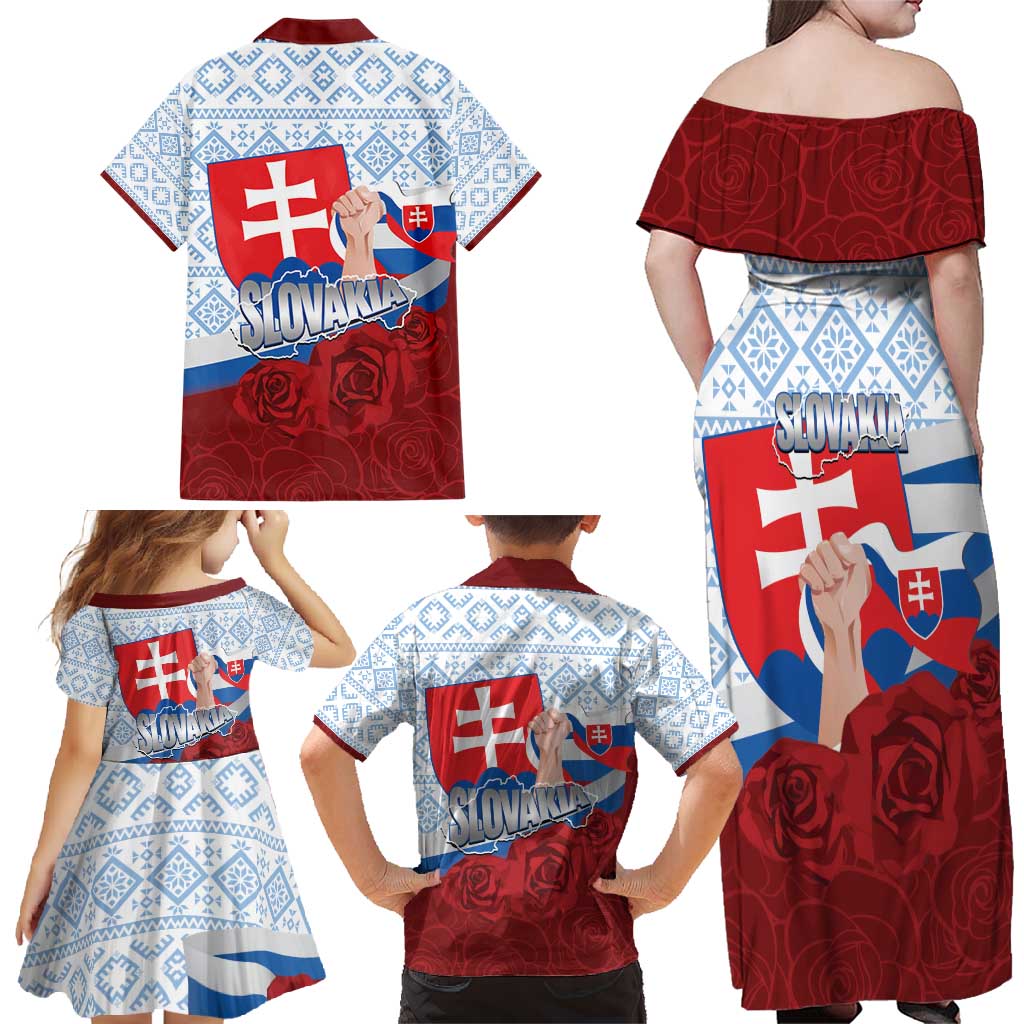 Slovakia Independence Day Family Matching Off Shoulder Maxi Dress and Hawaiian Shirt Slovak Map With Rosa Slavic Pattern