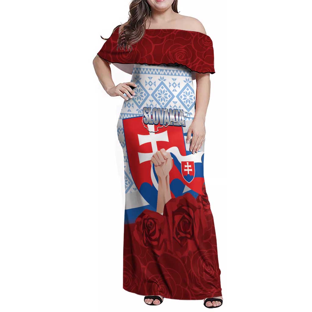 Slovakia Independence Day Family Matching Off Shoulder Maxi Dress and Hawaiian Shirt Slovak Map With Rosa Slavic Pattern
