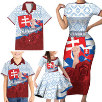 Slovakia Independence Day Family Matching Short Sleeve Bodycon Dress and Hawaiian Shirt Slovak Map With Rosa Slavic Pattern