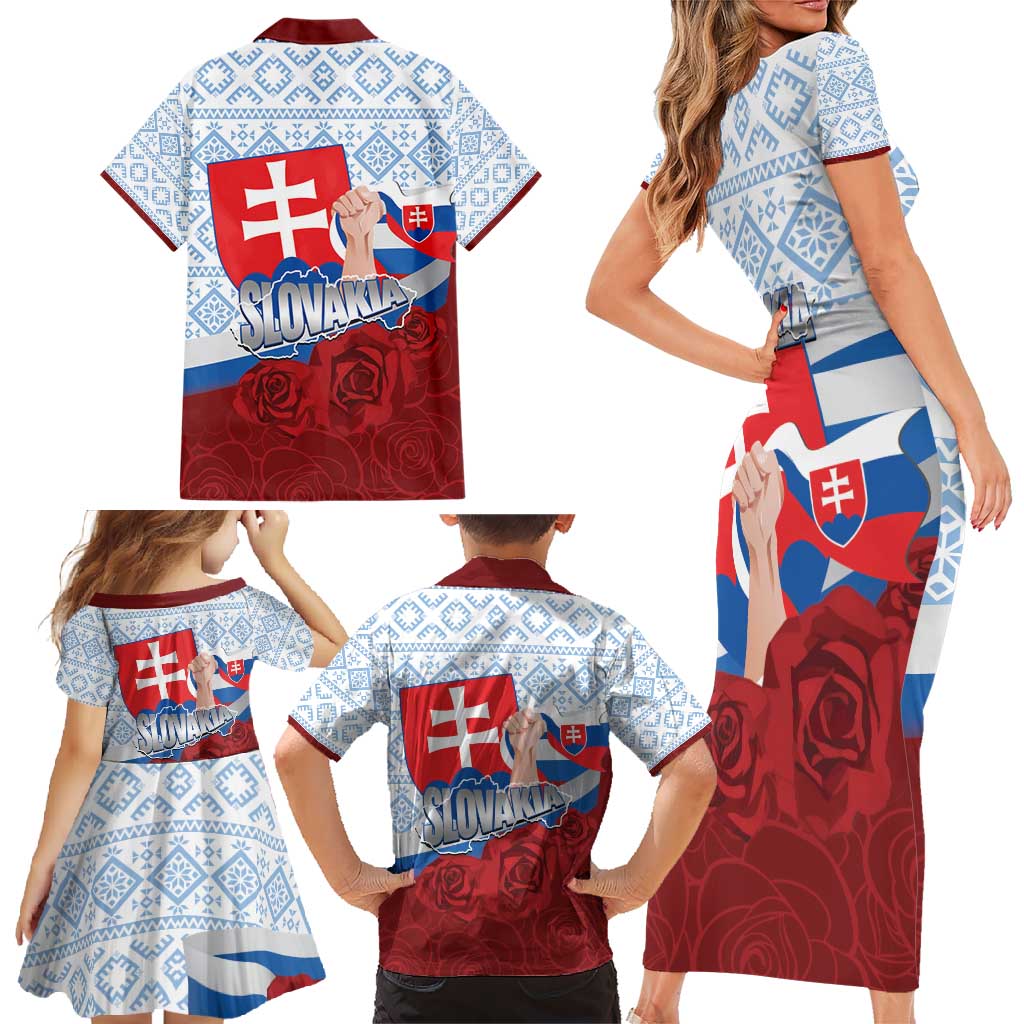 Slovakia Independence Day Family Matching Short Sleeve Bodycon Dress and Hawaiian Shirt Slovak Map With Rosa Slavic Pattern