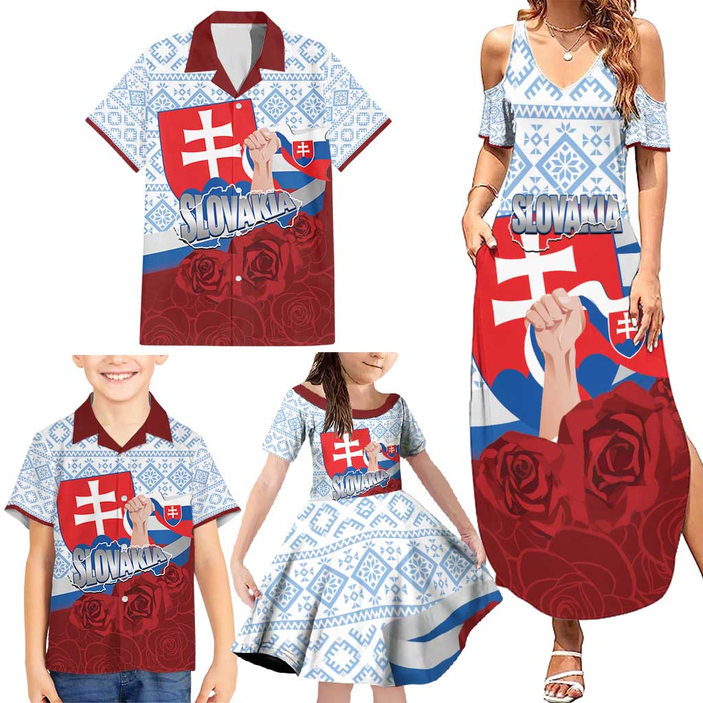 Slovakia Independence Day Family Matching Summer Maxi Dress and Hawaiian Shirt Slovak Map With Rosa Slavic Pattern