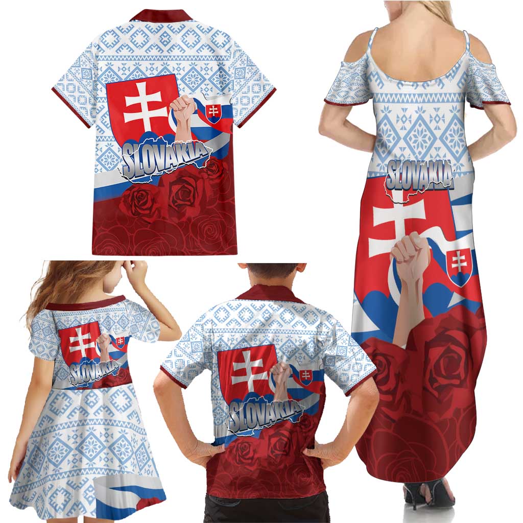 Slovakia Independence Day Family Matching Summer Maxi Dress and Hawaiian Shirt Slovak Map With Rosa Slavic Pattern