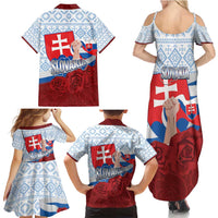 Slovakia Independence Day Family Matching Summer Maxi Dress and Hawaiian Shirt Slovak Map With Rosa Slavic Pattern