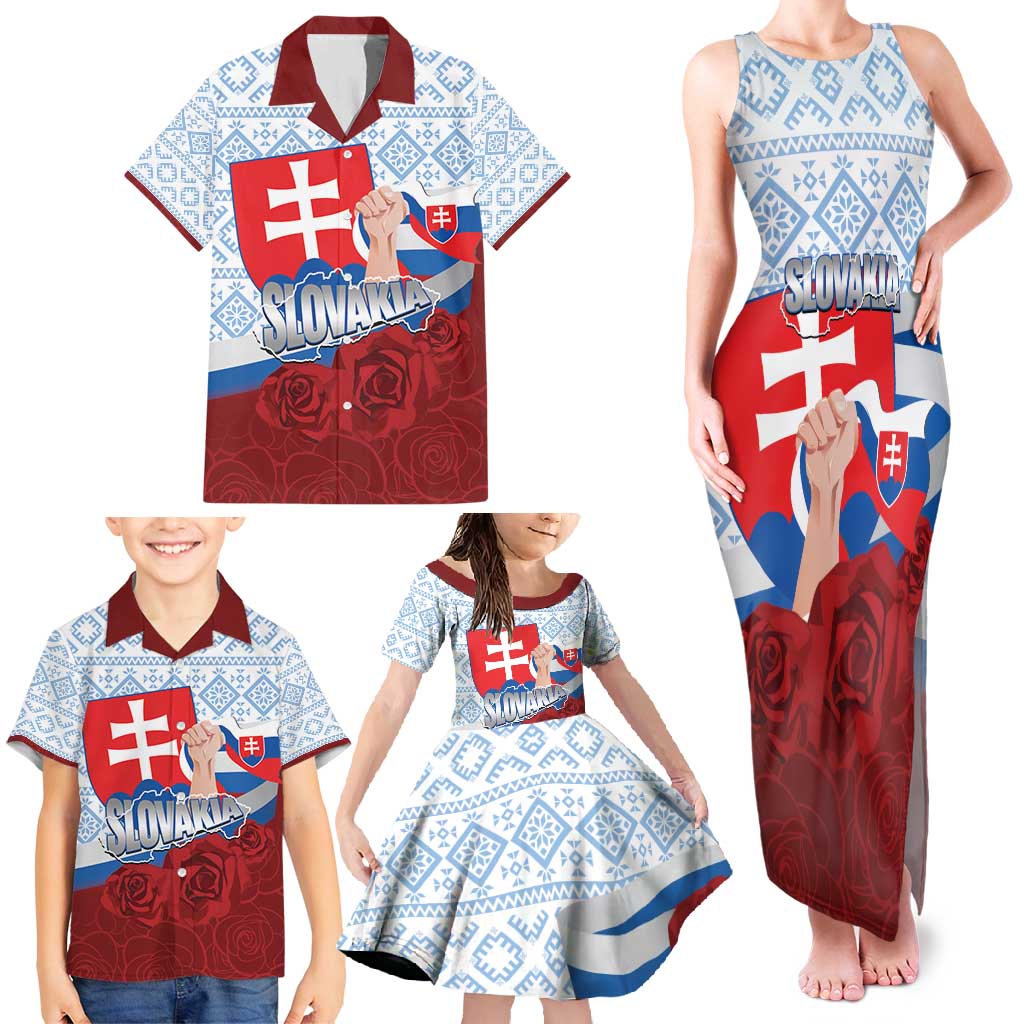 Slovakia Independence Day Family Matching Tank Maxi Dress and Hawaiian Shirt Slovak Map With Rosa Slavic Pattern