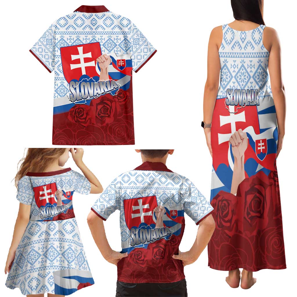Slovakia Independence Day Family Matching Tank Maxi Dress and Hawaiian Shirt Slovak Map With Rosa Slavic Pattern