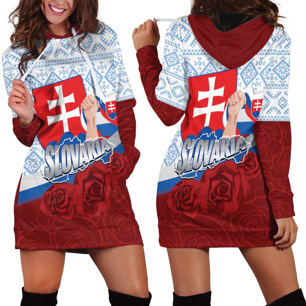 Slovakia Independence Day Hoodie Dress Slovak Map With Rosa Slavic Pattern