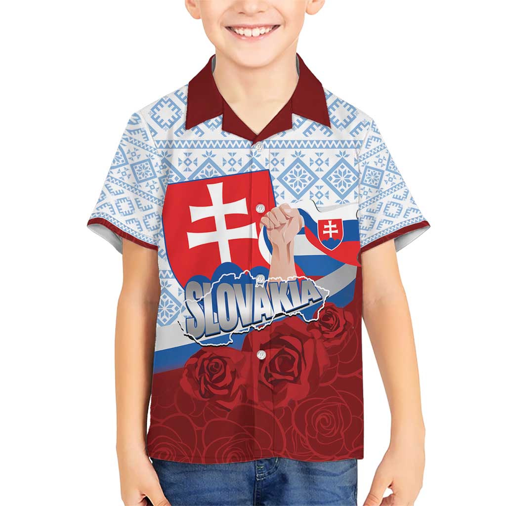 Slovakia Independence Day Kid Hawaiian Shirt Slovak Map With Rosa Slavic Pattern