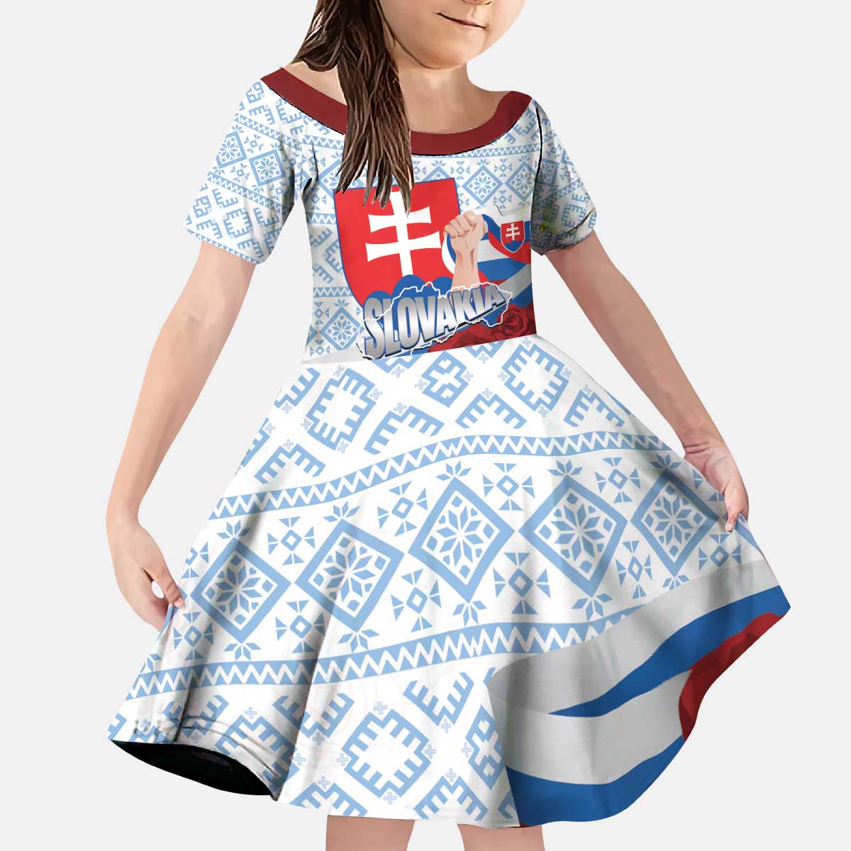 Slovakia Independence Day Kid Short Sleeve Dress Slovak Map With Rosa Slavic Pattern