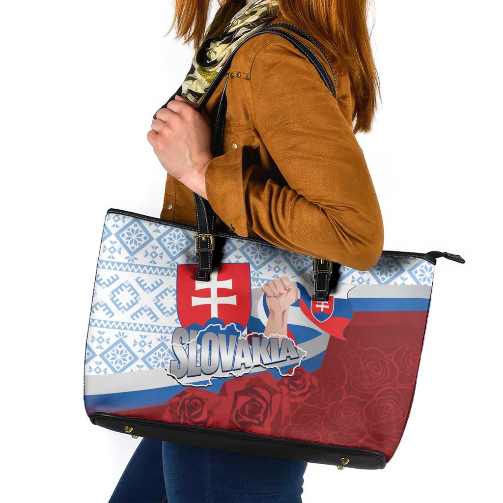 Slovakia Independence Day Leather Tote Bag Slovak Map With Rosa Slavic Pattern