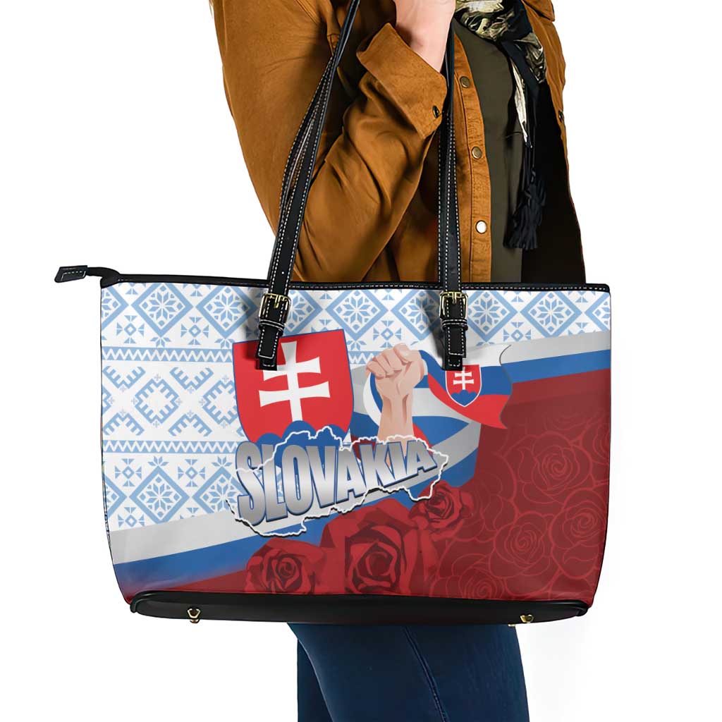 Slovakia Independence Day Leather Tote Bag Slovak Map With Rosa Slavic Pattern
