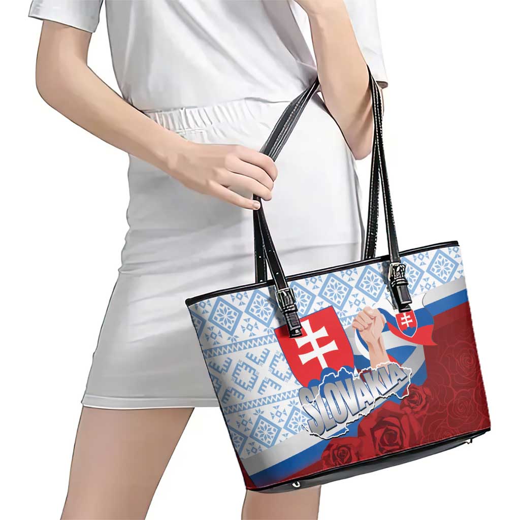 Slovakia Independence Day Leather Tote Bag Slovak Map With Rosa Slavic Pattern